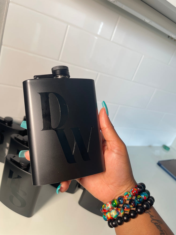 Personalized 8oz Black Steel Hip Flask - Portable and stylish, securely holds your favorite beverage.