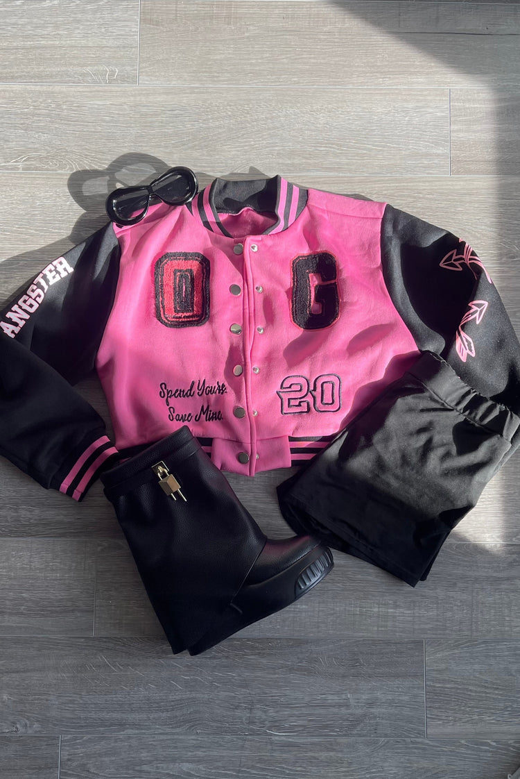 Women’s graphic bomber jacket pink and black with different phrases